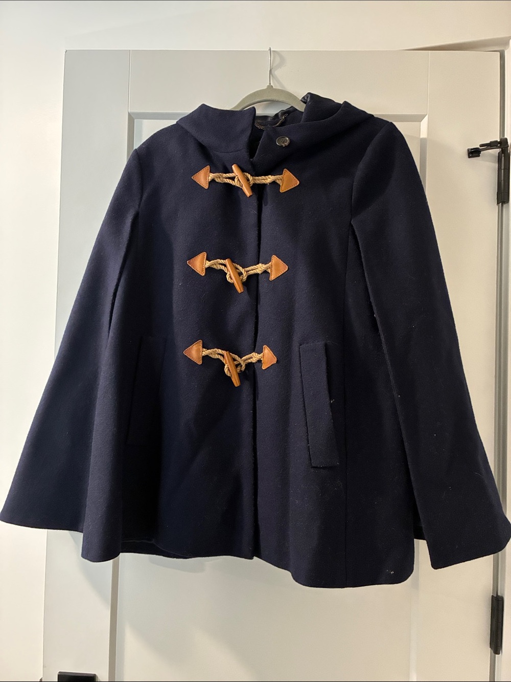 J. Crew Navy Wool Toggle Peacoat with Tan Leather Accents